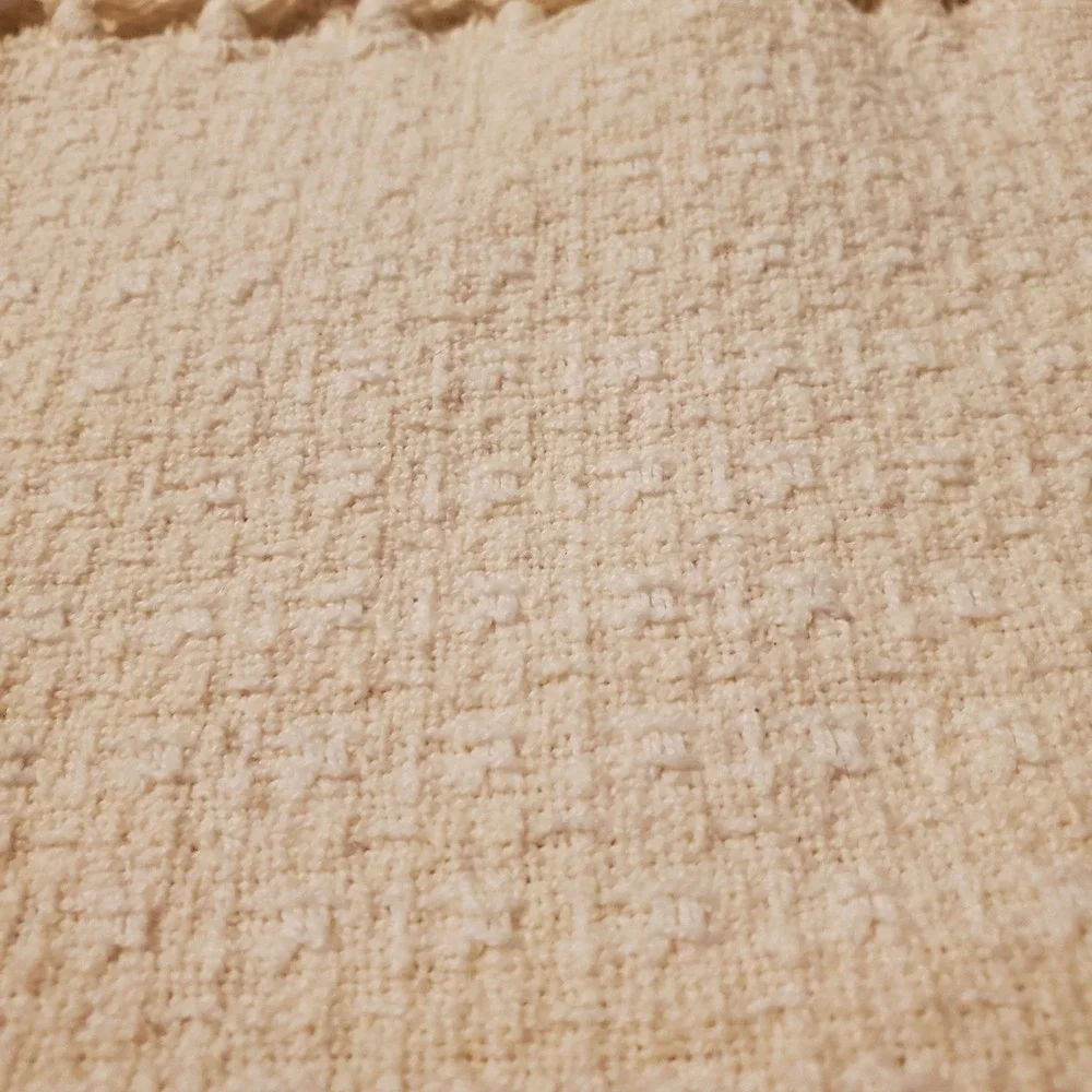 Woven Cream Cotton Throw Blanket with Knotted Fringe Macrame Boho 48x60 India